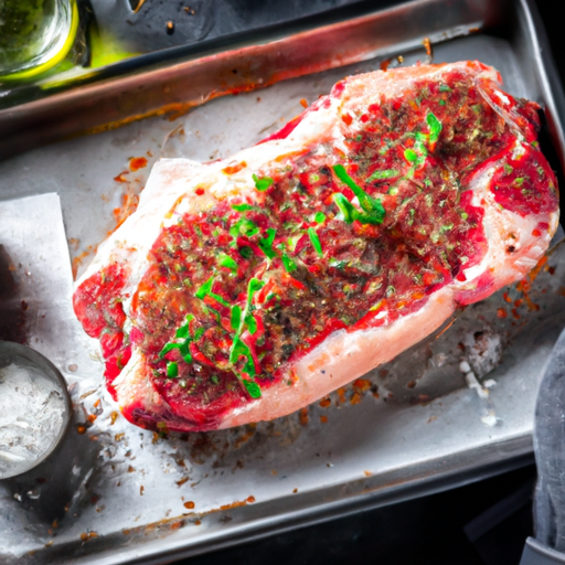 Seasoning a ribeye steak with salt, pepper, and herbs