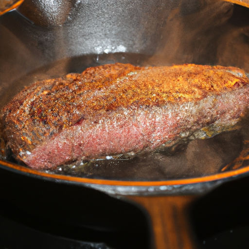 A sizzling hot New York Strip Steak being seared in a cast-iron skillet.