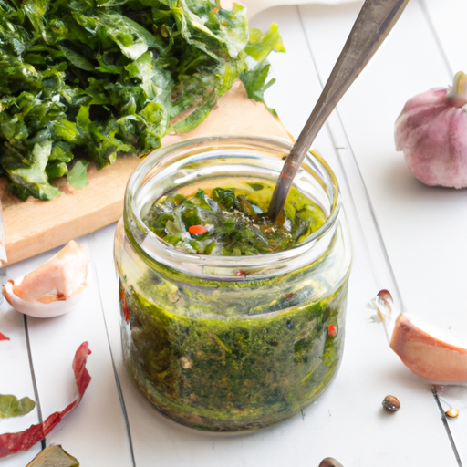 Homemade chimichurri sauce in a glass jar with fresh herbs and spices