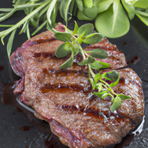 Juicy grilled steak with balsamic glaze and fresh herbs